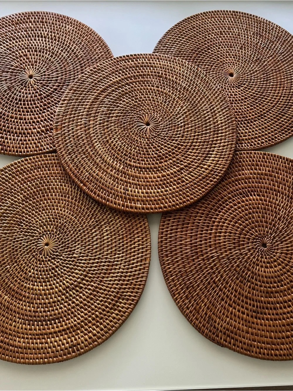 Set of 5 Woven Rattan Round Placemats 16” Boho Table Decor